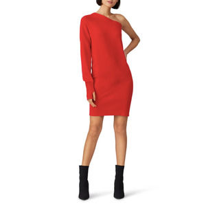 KF KaufmanFranco One Sleeve Knit Dress Small Red Off Shoulder Sweater NWOT